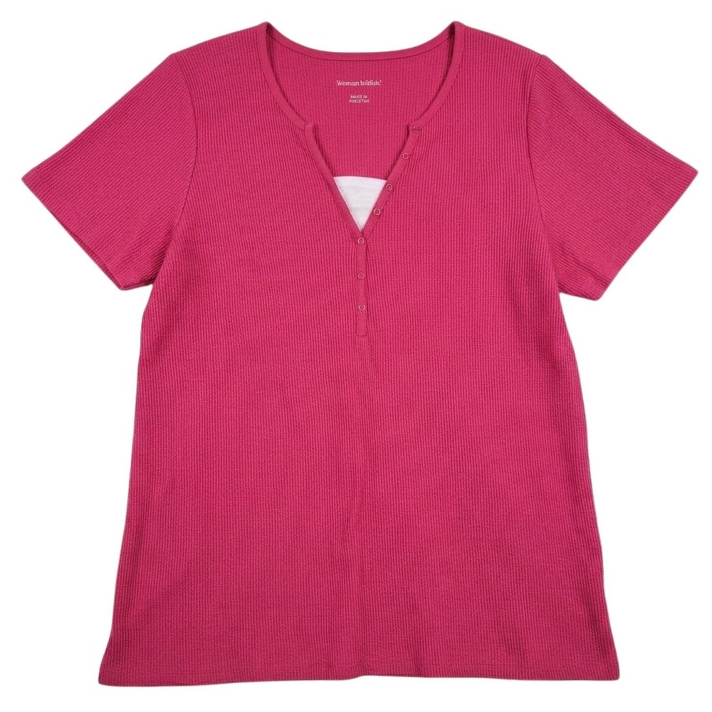Woman Within Henley Top Womens 22/24 Pink Waffle Knit Short Sleeve Button Neck - Picture 2 of 13